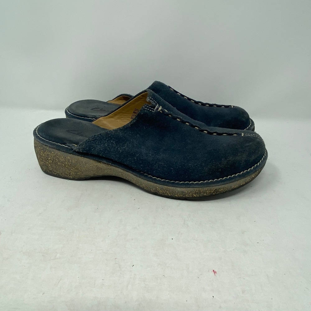 Clarks Womens Navy Blue Suede Leather Clogs Mules Wedge 32334 Size 7M